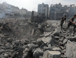 Palestinians inspect the damage following an Israeli airstrike on the Sousi mosque in Gaza City on October 9, 2023. (Photo: Naaman Omar/APA Images)