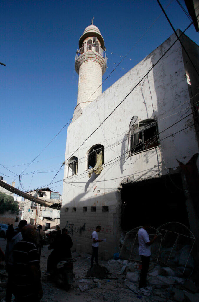 The remains of Al-Ansar Mosque in Jenin refugee camp, which was the target of an airstrike by an Israeli fighter jet on October 22, 2023. Two Palestinians were killed in the attack. The photo shows the mosque's minaret and a blown-out wall at the bottom.