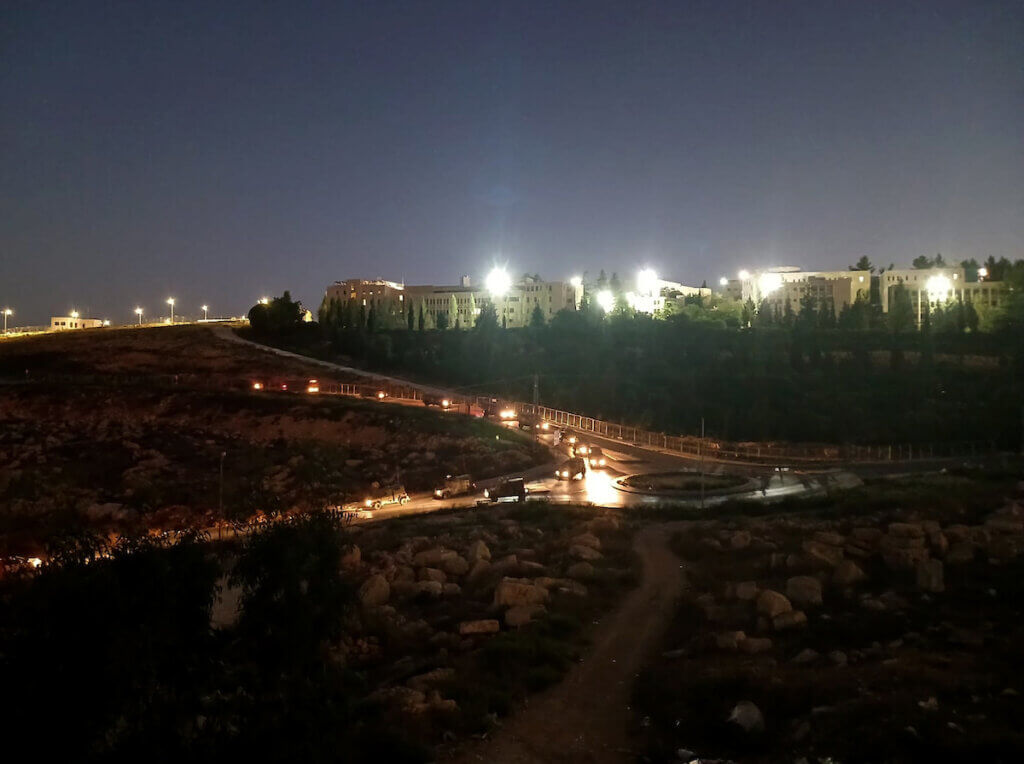 A view of Israeli military forces leaving Birzeit University campus after having stormed the university, arrested a number of students, and destroyed many of the university's properties, September 24, 2023.