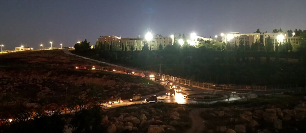 A view of Israeli military forces leaving Birzeit University campus after having stormed the university, arrested a number of students, and destroyed many of the university's properties, September 24, 2023.