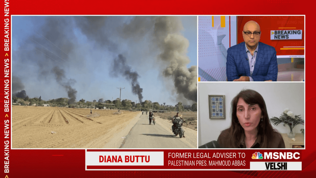 Diana Buttu speaks to Ali Velshi on MSNBC, October 7, 2023. Screenshot.