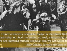Image created by Boycott From Within of a quote from the Israeli Defense Minister Yoav Gallant calling Palestinians "human animals" on top of an image from the Warsaw Ghetto.