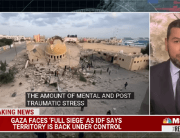 Ayman Mohyeldin explaining the trauma Gazan children have experienced through five bombing campaigns, on MSNBC, Oct. 2023. Screenshot.