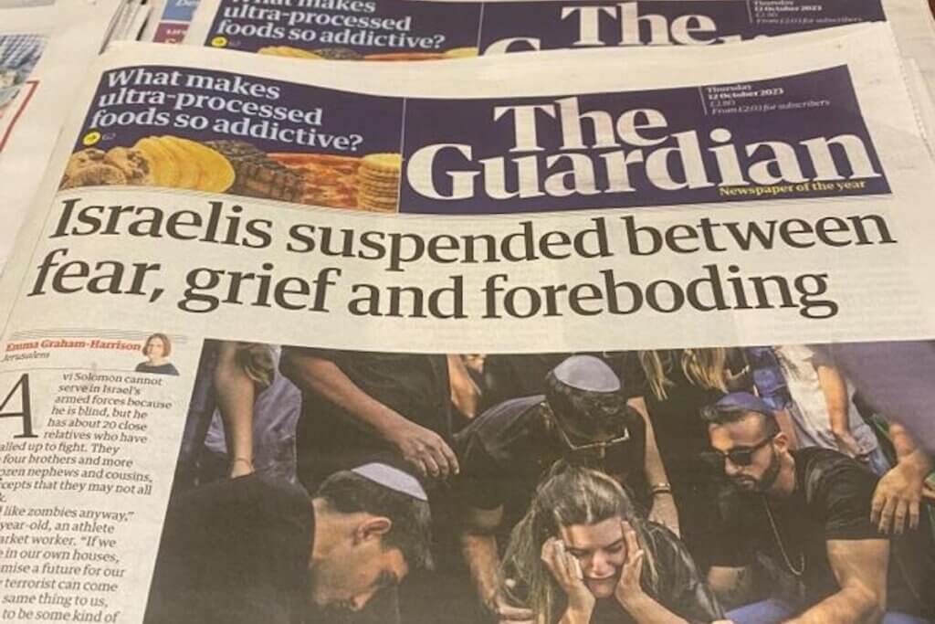 Front page of The Guardian on October 12, 2023 - ‘Israelis suspended between fear, grief and foreboding.’