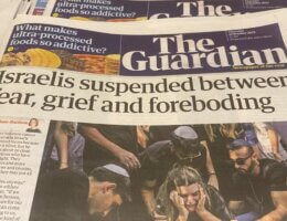 Front page of The Guardian on October 12, 2023 - ‘Israelis suspended between fear, grief and foreboding.’