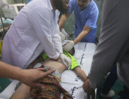Doctors treat injured children injured from Israeli airstrikes in a hospital in Rafah, Gaza. October 14, 2023. (Photo: Ahmed Tawfeq/APA Images)
