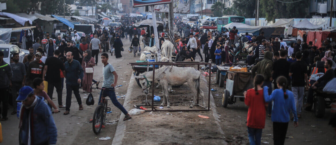 Displaced Palestinians near Nasser Hospital and UNRWA schools in Khan Yunis, November 14, 2023. (Photo: © Mohammed Talatene/dpa via ZUMA Press APA Images)