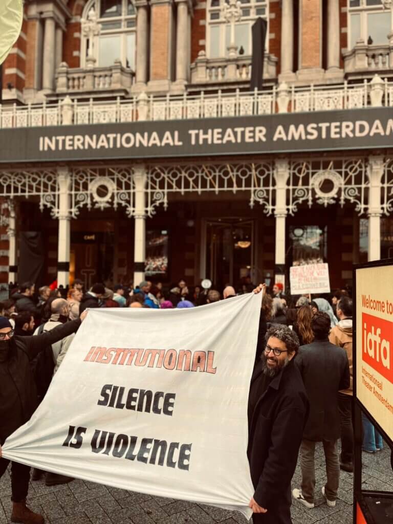Filmmakers and attendees protesting in solidarity with Palestine and against IDFA's statements, Amsterdam, November 13, 2023.
