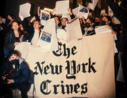 A protest organized by Writer’s Bloc, a subgroup of the Writers Against the War on Gaza (WAWOG), outside the CPJ’s 2023 Freedom Press Gala, hosted by the New York Times on November 16. They are holding a large sign that reads The New York Crimes, mock newspapers printed in the style of New York Times, and posters of slain Palestinian and Lebanese journalists and the Times’ editorial board. (Photo: Hany Osman)