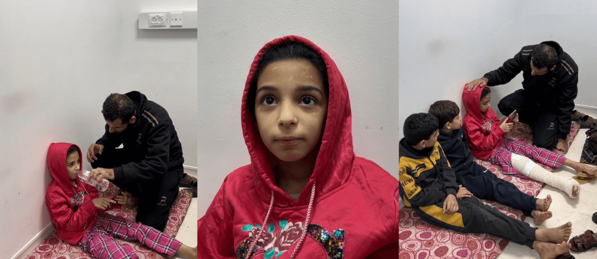 Ayah Sha'ban (center) at the European hospital with Fawzi al-Ma’sawabi (pictured left) and his two sons (pictured right). (Photo: Tareq Hajjaj/Mondoweiss)