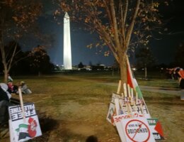 Palestinian flags and protest signs heaped near Washington Monument after the biggest pro-Palestine demonstration in history in the U.S. Nov. 4, 2023. Photo by Phil Weiss.