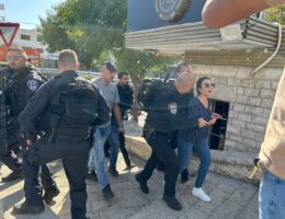 Former Knesset member Haneen Zoabi detained by Israeli police in Nazareth before a vigil against the war in Gaza could begin, November 9, 2023. (Photo: Arab 48)