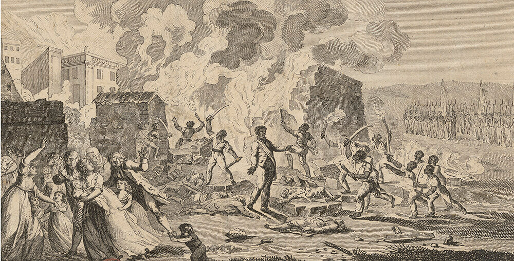 This frontispiece from the 1802 novel, "’Incendie du Cap, ou Le règne de Toussaint-Louverture" ("The Burning of the Cap, or the Reign of Toussaint-Louverture") by French novelist René Périn, has become one of the most recognizable depictions of the Haitian Revolution, becoming a piece of propaganda that deligitimized the revolution and attacked its leader, Toussaint Louverture, who Périn described as an "atrocious negro" of whom he wished to "offer a portrait upon which, reader, you may be forced to shed many tears!!!" The illustration depicts a well-dressed Toussaint-Louverture presiding over the merciless massacre of innocent whites, many of them women and children.