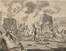 This frontispiece from the 1802 novel, "’Incendie du Cap, ou Le règne de Toussaint-Louverture" ("The Burning of the Cap, or the Reign of Toussaint-Louverture") by French novelist René Périn, has become one of the most recognizable depictions of the Haitian Revolution, becoming a piece of propaganda that deligitimized the revolution and attacked its leader, Toussaint Louverture, who Périn described as an "atrocious negro" of whom he wished to "offer a portrait upon which, reader, you may be forced to shed many tears!!!" The illustration depicts a well-dressed Toussaint-Louverture presiding over the merciless massacre of innocent whites, many of them women and children.