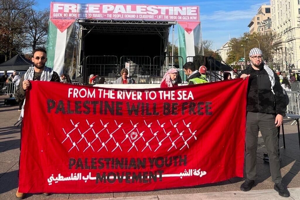 Palestinian Youth Movement activists holding the banner that lead the march of 300,000 pro-Palestine supporters in Washington, D.C., on November 4, 2023. (Photo courtesy of the Palestinian Youth Movement)