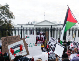 National March on Washington: Free Palestine, November 4, 2023. Protestors reach the white house, carrying banners and placards that read "genocide joe" and "free Palestine"