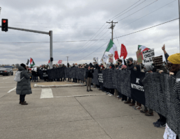 Activists protest outside Boeing Manufacturing Plant 598 in St. Charles, Missouri on Tuesday afternoon to protest the manufacturing of weapons used in the genocide of the Palestinian people in Gaza.