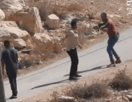 Screenshot from a video published by the Israeli human rights group B'Tselem showing an Israeli settler opening fire on Palestinians in the South Hebron Hills village of Tuwani, October 13, 2023.