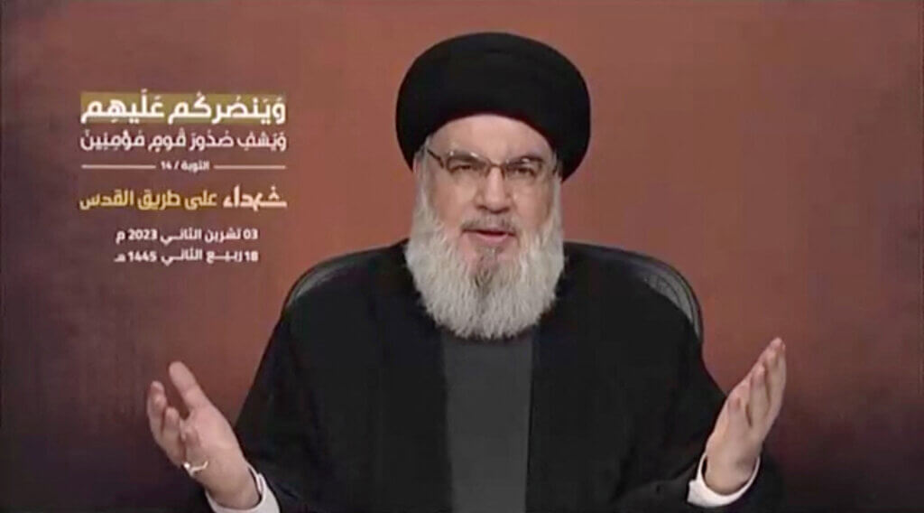 Screenshot of Hezbollah leader Sayyed Hassan Nasrallah delivering his first address since the events of October 7, from an unspecified location in Lebanon, November 3, 2023.