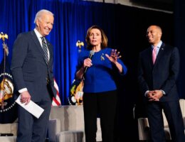 President Joe Biden, joined by Speaker Nancy Pelosi (D-Calif.) and Chairman of the House Democratic Caucus Hakeem Jeffries (D-N.Y.), participates in a Q&A at the House Democratic Caucus Issues Conference, Friday, March 11, 2022, at the Hilton Philadelphia Penn’s Landing in Philadelphia. (Official White House Photo by Adam Schultz)
