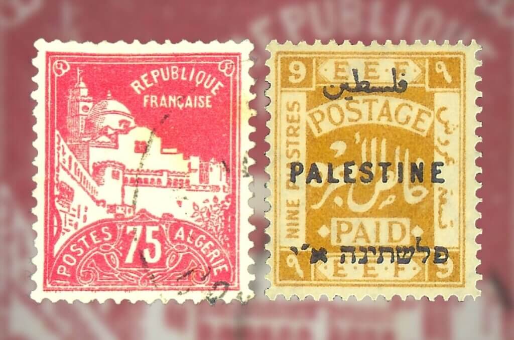 Left: French colonial stamp of French-colonized Algeria, 1926. Right: British colonial stamp of British Mandate Palestine, 1922. (Images: Wikimedia Commons) (Graphics by Mondoweiss)