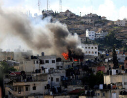 Smoke rises from areas in Jenin during an Israeli raid on the city that killed 7 people, December 13, 2023. (Photo: Mohammed Nasser/APA Images)