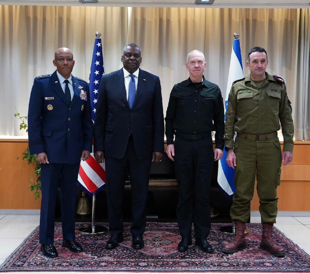 Israeli Minister of Defense Yoav Gallant meets U.S. Secretary of Defense Lloyd Austin in his office at the MoD Headquarters in Tel Aviv. Also participating in the meeting were the U.S. Chairman of the Joint Chiefs of Staff, Gen. Charles Brown and IDF Chief-of-Staff Herzi Halevi, December 18, 2023. (Photo: © Ariel Hermoni/Israel Mod via ZUMA Press Wire APAimages