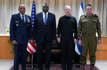 Israeli Minister of Defense Yoav Gallant meets U.S. Secretary of Defense Lloyd Austin in his office at the MoD Headquarters in Tel Aviv. Also participating in the meeting were the U.S. Chairman of the Joint Chiefs of Staff, Gen. Charles Brown and IDF Chief-of-Staff Herzi Halevi, December 18, 2023. (Photo: © Ariel Hermoni/Israel Mod via ZUMA Press Wire APAimages