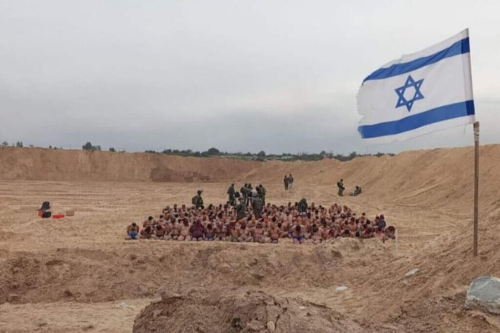 Photo shared by Jerusalem’s Deputy Mayor Arieh King on social media of over a hundred naked Palestinians who were kidnapped by the Israeli military in Gaza, December 8, 2023