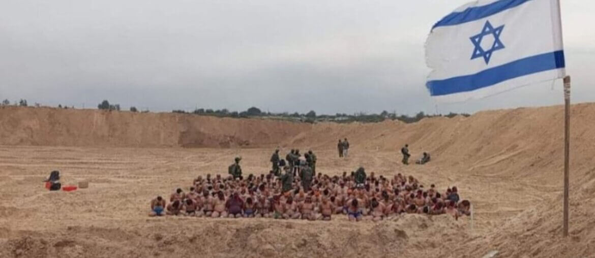 Photo shared by Jerusalem’s Deputy Mayor Arieh King on social media of over a hundred naked Palestinians who were kidnapped by the Israeli military in Gaza, December 8, 2023