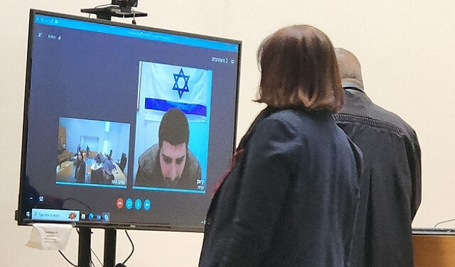 Jaber Mahajnah on video from Jalameh in Haifa District court on 12 12 2023 (Photo: Arab 48)