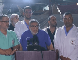 Screenshot from a press conference after the Al-Ahli Arab Hospital Attack with MSF doctor Ghassan Abu Sitta and officials from the Gaza Health Ministry. (Photo: Screenshot from Aljazeera Arabic Youtube Channel)