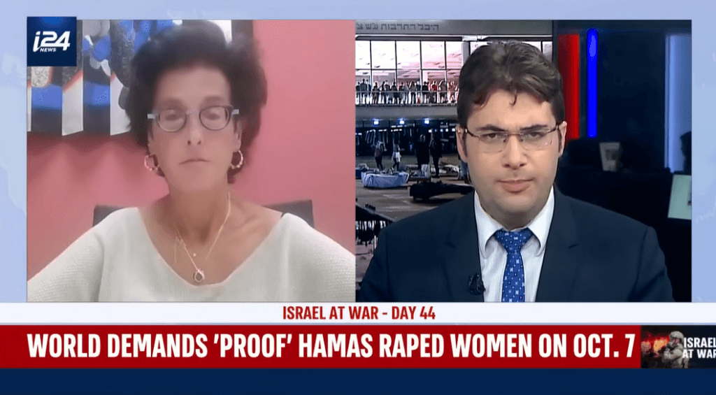 Screenshot from video on i24 English youtube channel, in which Orit Sulitzeanu (left) of the Israeli Association of Rape Crisis Centers condemns demands for evidence of the Hamas "mass rape" allegations. (Photo: Screenshot)