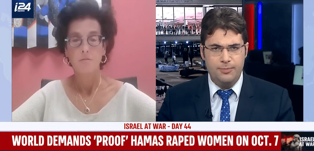 Screenshot from video on i24 English youtube channel, in which Orit Sulitzeanu (left) of the Israeli Association of Rape Crisis Centers condemns demands for evidence of the Hamas "mass rape" allegations. (Photo: Screenshot)