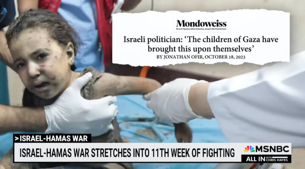 Screengrab from the December 19 episode of All In with Chris Hayes on MSNBC which cited Mondoweiss's reporting on screen.