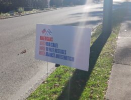 Pro-Israel propaganda claiming that all America is supporting Israel. Poster in suburban Philadelphia, Dec. 24, 2023.