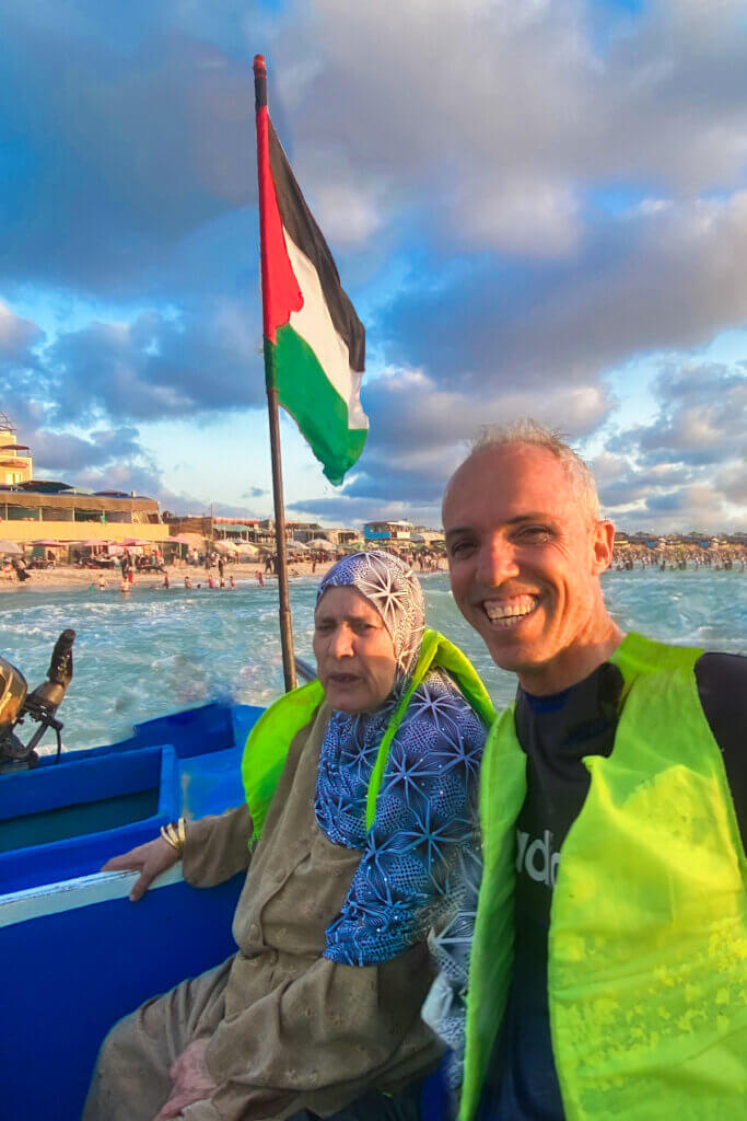 Author with his late mother in a boat trip in Gaza last summer