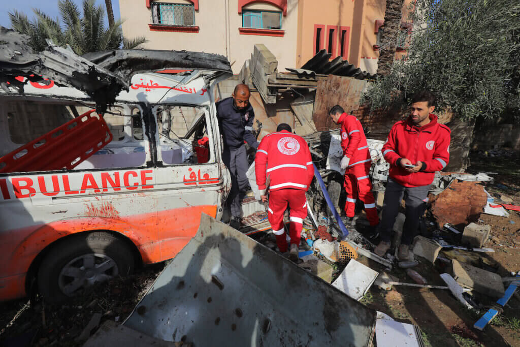 The aftermath of an Israeli army attack on an ambulance in Deir al-Balah, Gaza on January 12, 2024. (Photo: APA Images)