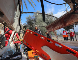 The view from inside an ambulance that was destroyed by an Israeli army attack in Deir al-Balah, Gaza on January 12, 2024. The Gaza Health Ministry reports that at least 121 ambulances have been destroyed by Israeli forces in Gaza since October 7 and there are only six remaining ambulances in operation for the population of over two million. (Photo: APA Images)