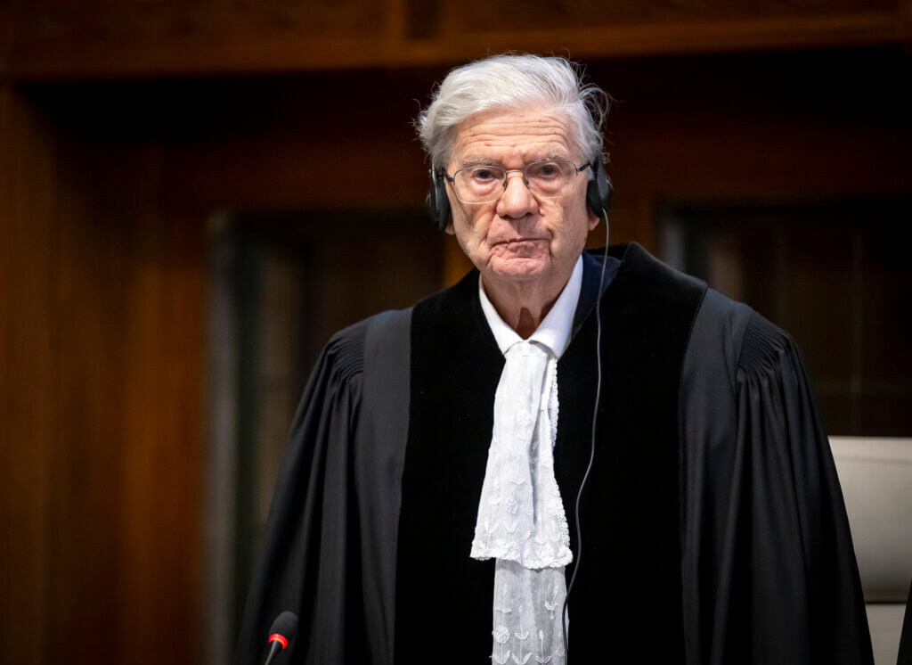 Israeli judge Aharon Barak taking the solemn declaration as an ad hoc judge at the International Court of Justice public hearings on the request for the indication of provisional measures submitted by South Africa in the case South Africa v. Israel on January 11, 2024, at the Peace Palace in The Hague. (Photo: International Court of Justice)