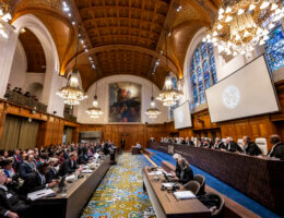The International Court of Justice (ICJ) hearing on the request for the indication of provisional measures submitted by South Africa in the case South Africa v. Israel on 11 and 12 January 2024, at the Peace Palace in The Hague, the seat of the Court. (Photo: International Court of Justice)