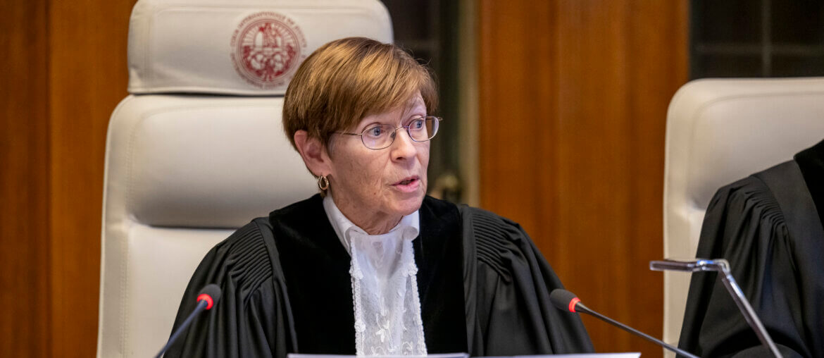 Judge Joan E. Donoghue reads the International Court of Justice Order on the Request for the indication of provisional measures submitted by South Africa in the case concerning Application of the Convention on the Prevention and Punishment of the Crime of Genocide in the Gaza Strip (South Africa v. Israel), on January 26, 2024, at the Peace Palace in The Hague, the seat of the Court.