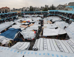 A view of the United Nations Relief and Works Agency for Palestine Refugees (UNRWA) school in Nuseirat, used as a shelter for displaced Palestinians, November 25, 2023. (Photo: Omar Ashtawy/APA Images)
