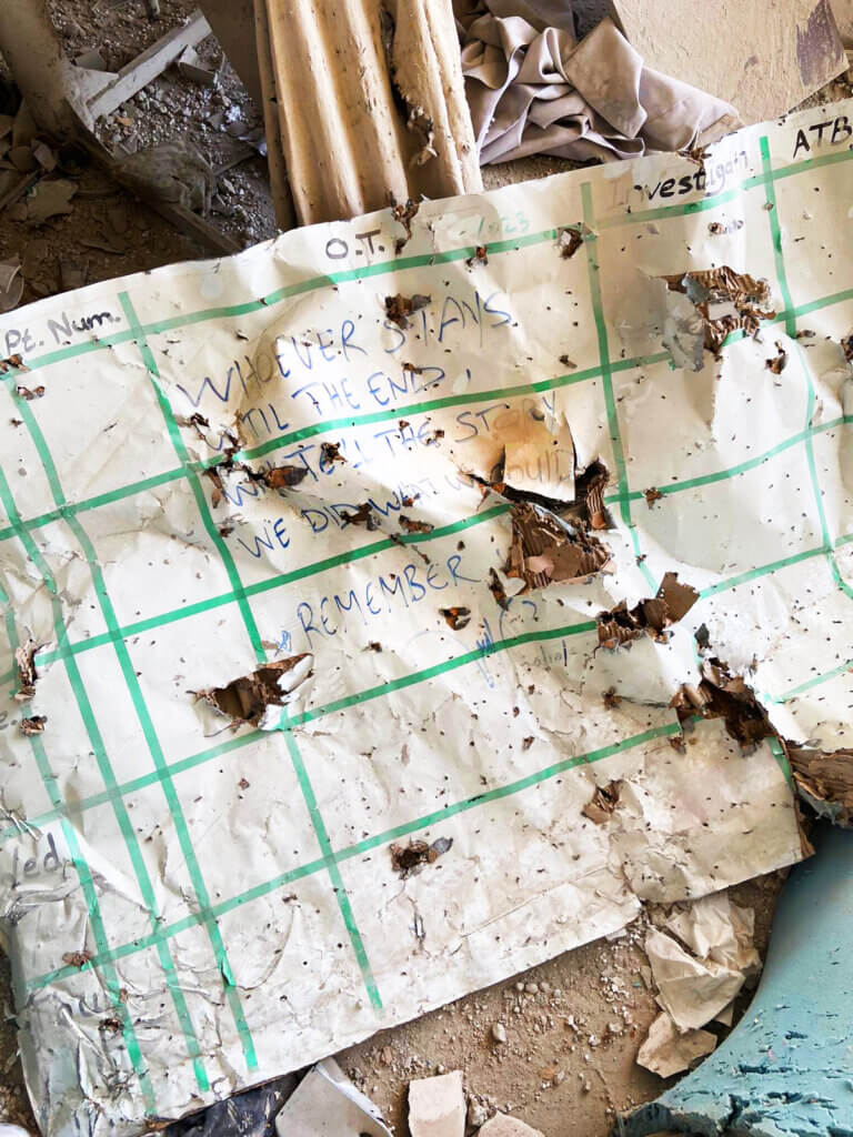 The same whiteboard, after an Israeli strike on the hospital on November 21 that killed the author of the message, Dr Mahmoud Abu Nujaila. (Photo: Médecins Sans Frontières)