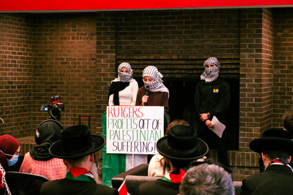 Activists with Students for Justice in Palestine at Rutgers – New Brunswick presenting at a press conference on January 17, 2023 (Photo: Justice in Palestine at Rutgers – New Brunswick)