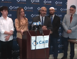 Dr. Maha Almasri and her son Jad Abuhamda at a press conference with legal representation from CAIR. (Photo via CAIR)