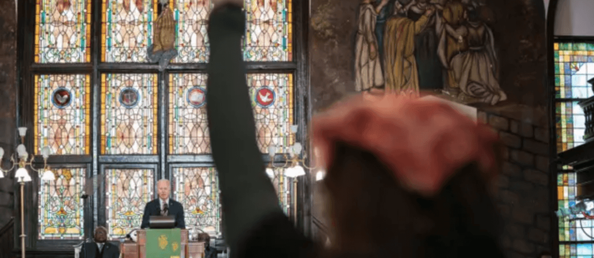 A protestor interrupts U.S. President Joe Biden during a campaign event at Emanuel AME Church on January 8, 2024 in Charleston, South Carolina. The church was the site of a 2015 shooting massacre perpetrated by a white supremacist. (Photo: Sean Rayford/Getty Images)