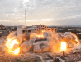 Israeli forces blow up al-Isra University in Gaza on Jan. 17, 2024 in what appears to be planned demolition. Video posted by Hisham Abu Shaqrah. Screenshot.