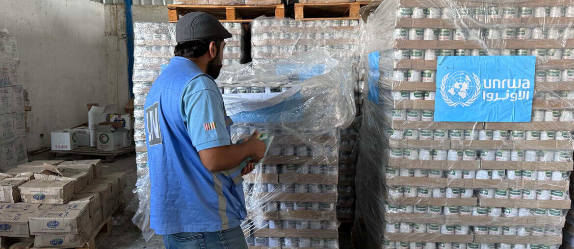 Workers of the United Nations Relief and Works Agency for Palestine Refugees (UNRWA) prepare medical aid for distribution to shelters, Deir al-Balah, November 4, 2023. (Photo: Suliman El-Fara/APA Images)