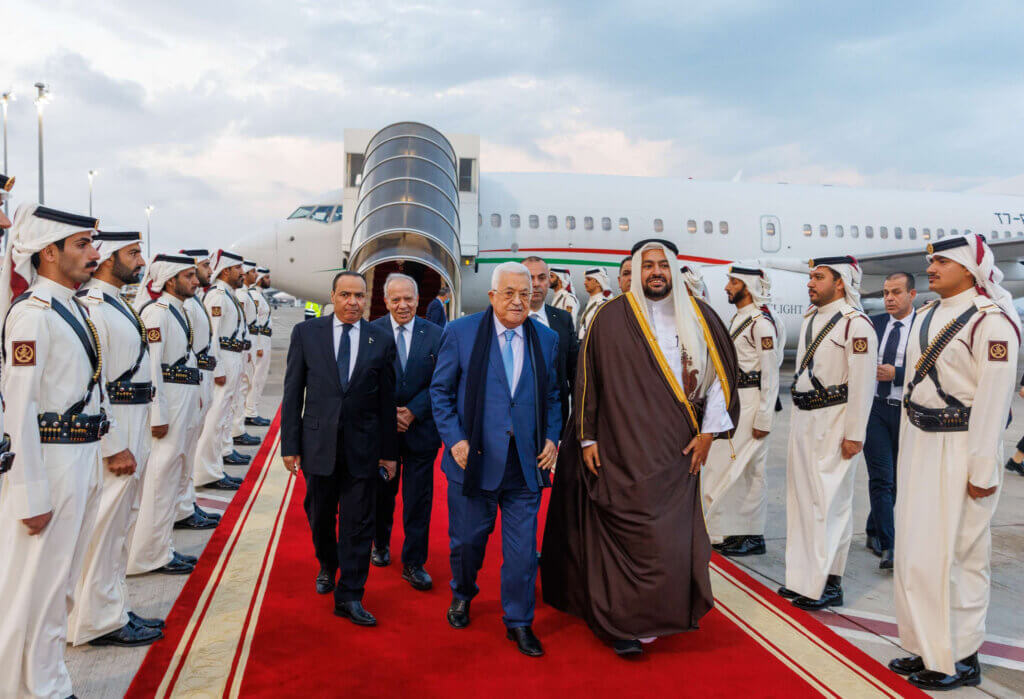 Emir of Qatar Tamim bin Hamad Al Thani receives Palestinian Authority President Mahmoud Abbas in Doha, Qatar, on February 11, 2024. (Photo: Emiri Diwan Office/APA Images)